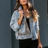 Autumn Winter Denim Jacket Women's Long Sleeved Leopard Print Splicing
