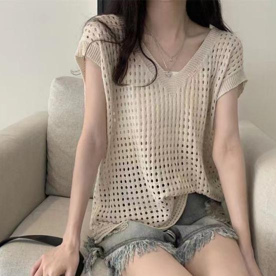 Женские топы с вырезами, V-образным вырезом, без рукавов, вязаные майки, однотонные