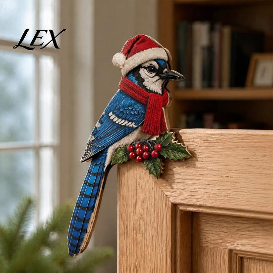 Indoor Holiday Ornament Wooden Bird Door Topper, Cute Christmas Corner Statue, Woodland Animal Frame Decorations for Art Sign Winter Home Wall Window