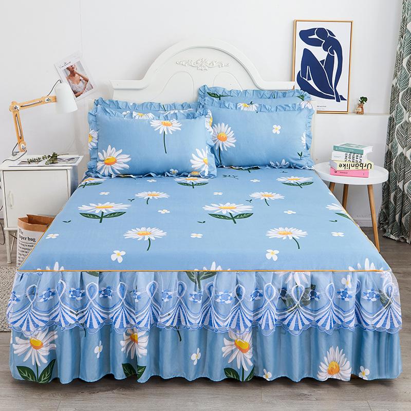 Skin-friendly Lace Bedspread 1pc Bed Skirt +2pcs Pillowcase Princess Double Layer Lace Bed Sheet Anti-slip Bed Cover