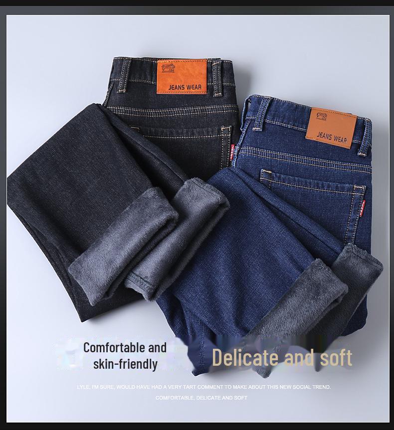 Мужские зимние джинсы из плотного бархата — свободный крой, высокая талия, идеально подходят для людей среднего возраста, теплые для осени и зимы