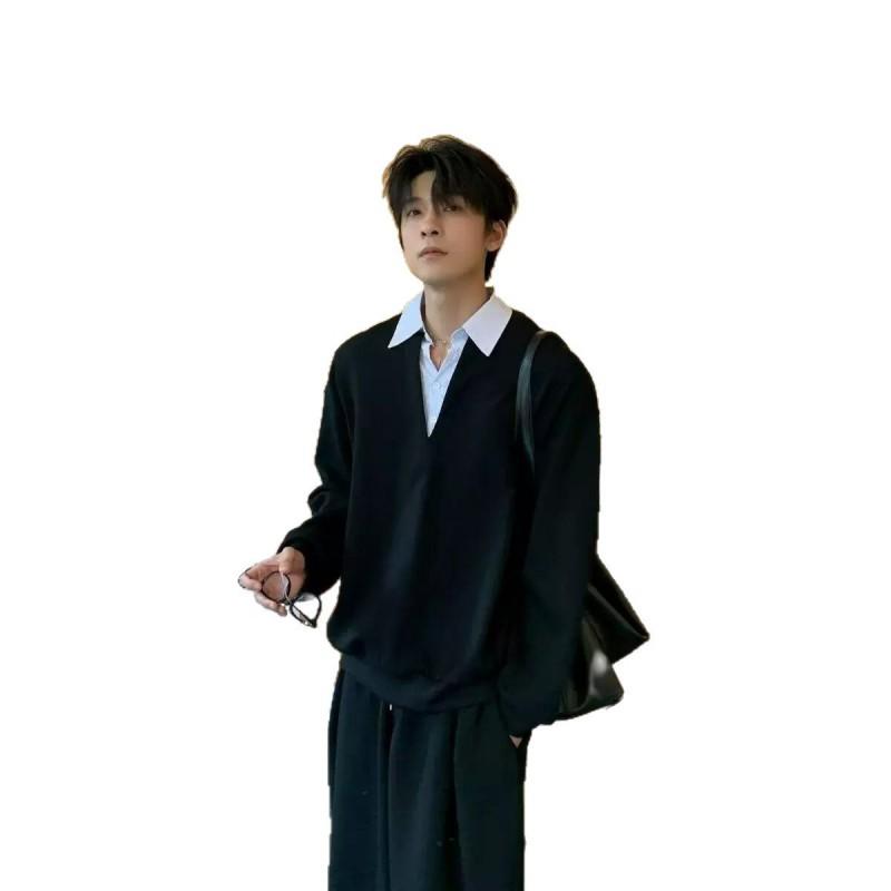 Mens Fake Two-Piece Hoodie 2026 Turn-Down Collar Loose Top Chic Streetwear