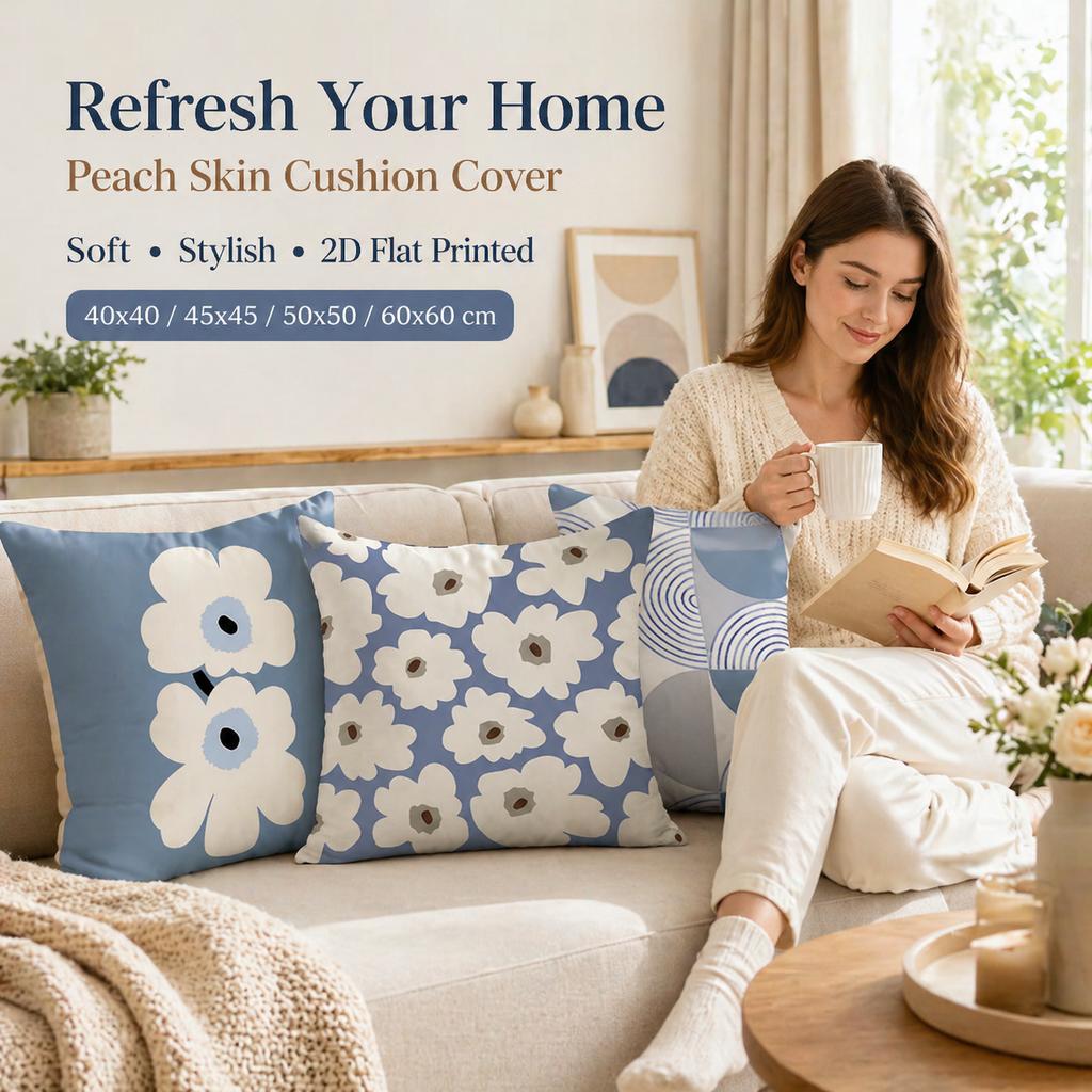 Nordic Blue White Floral Cushion Cover 2D Flat Printed Peach Skin Pillowcase Modern Minimalist Throw Pillow Case For Sofa Decor