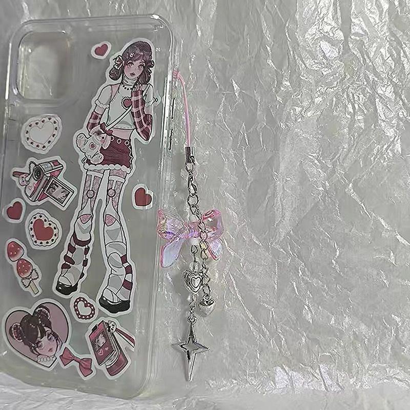 Творческий ручной работы синий бант прозрачное сердце бусины шнурок подвеска ремешок милый узел звезды кулон девушка женщина брелок шнурок для телефона