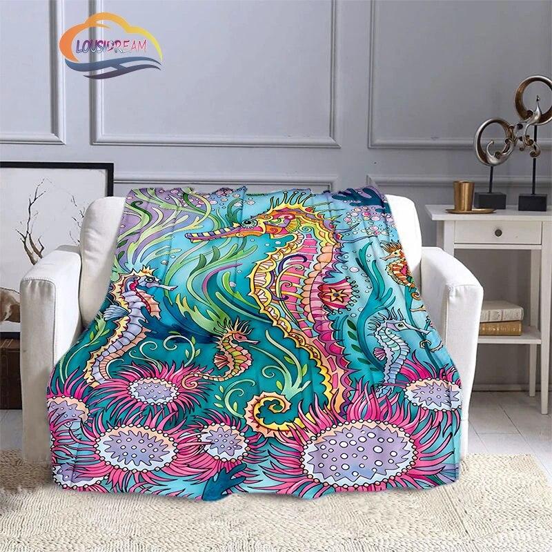 Marine Animal Sea Horse Blankets Super Soft Hippocampus Flannel Blanket Warm Lightweight Kids Bedding Sofa Chairs All Seasons