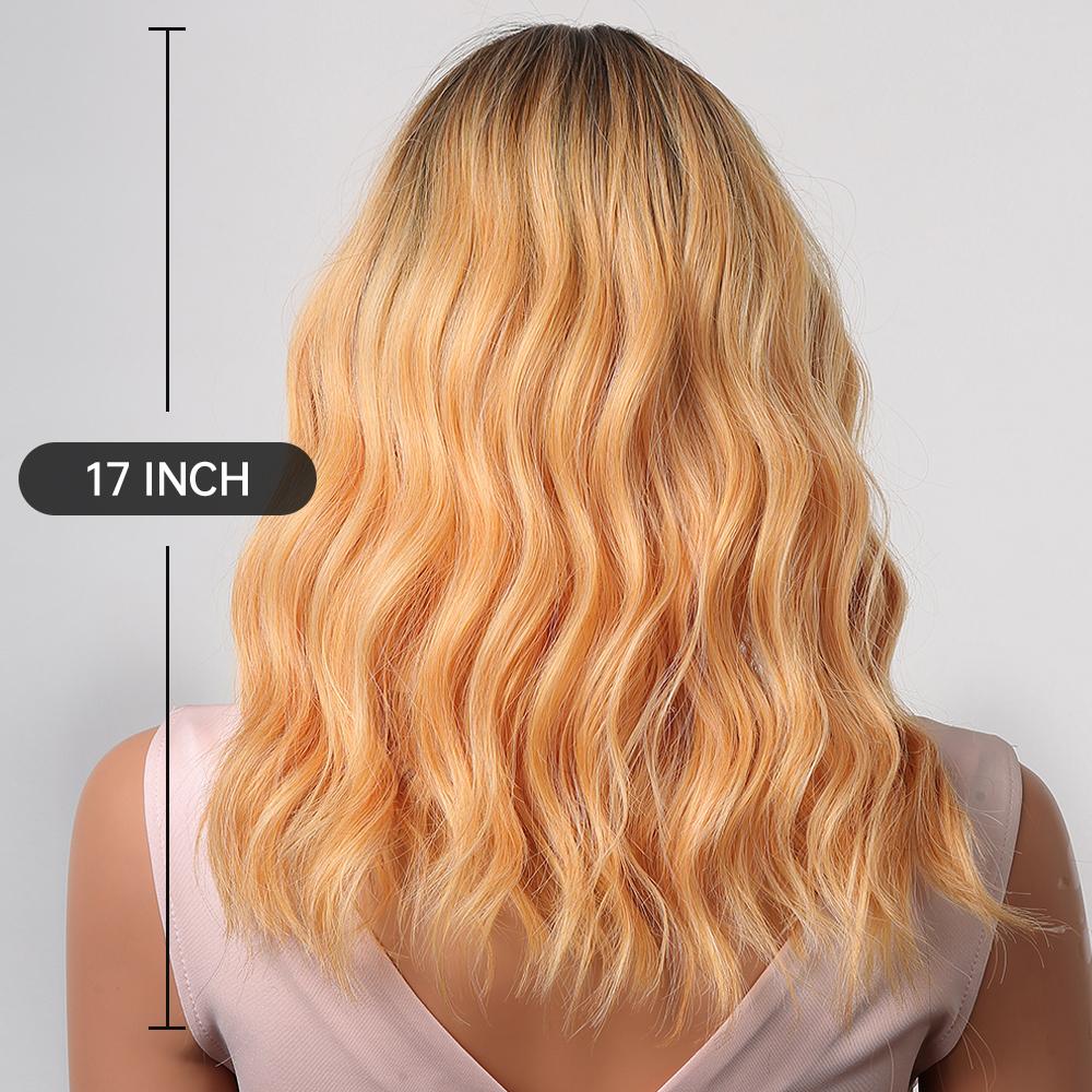 Bob Wavy Synthetic Wigs With Bangs for Women Blonde Ombre Medium Length Water Wave Wig Heat Resistant Fiber Hair Party Cosplay
