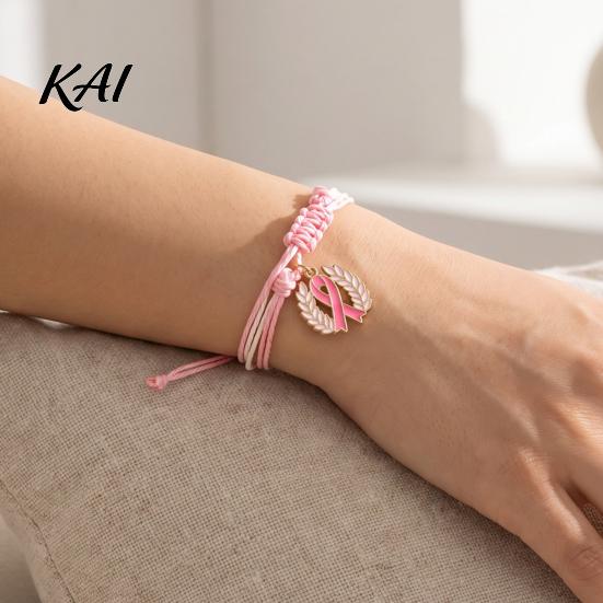 Pink White Cord Jewelry Breast Cancer Awareness Bracelet for Women, Adjustable Woven String with Heart Butterfly Alloy Pendants Ribbon Charm, Handmade