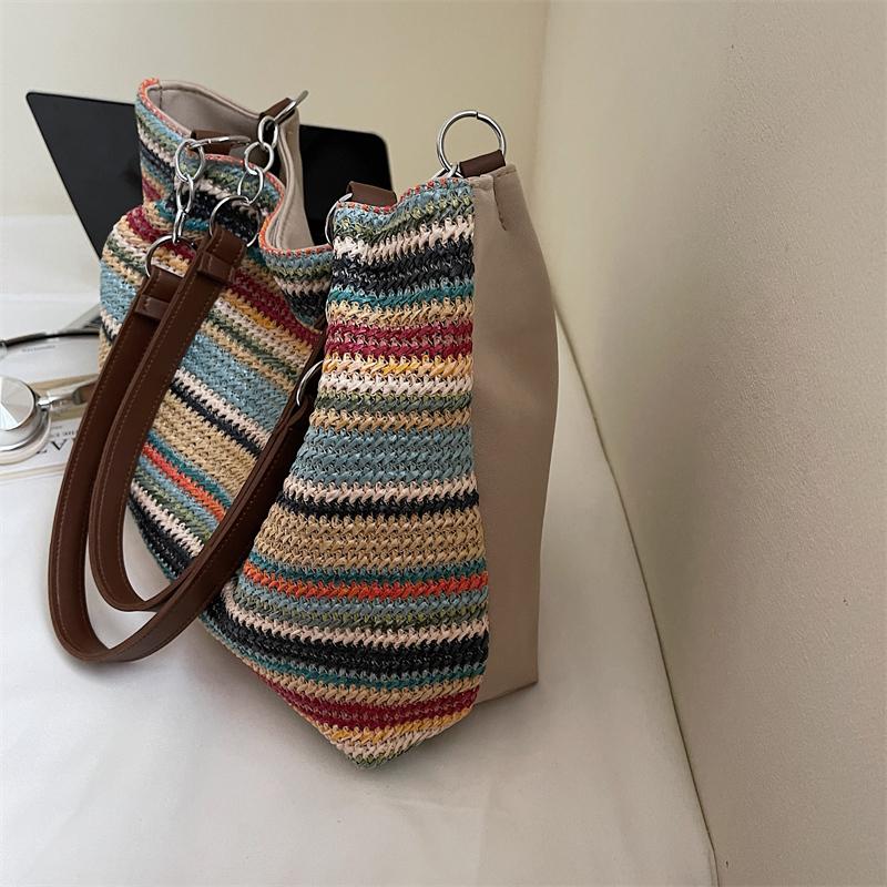 Женская сумка через плечо, полосатая сумка-тоут контрастного цвета, плетеная сумка-тоут, большая вместимость, плетеная сумка из соломы