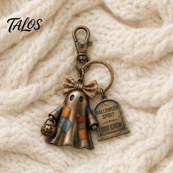 Halloween Charm Keychain Mini Bow Ghost Pendant with Tombstone Tag, Spliced Patch And Pumpkin Keychaine Basket, Retro Rotating Lobster Clasp Key Ring