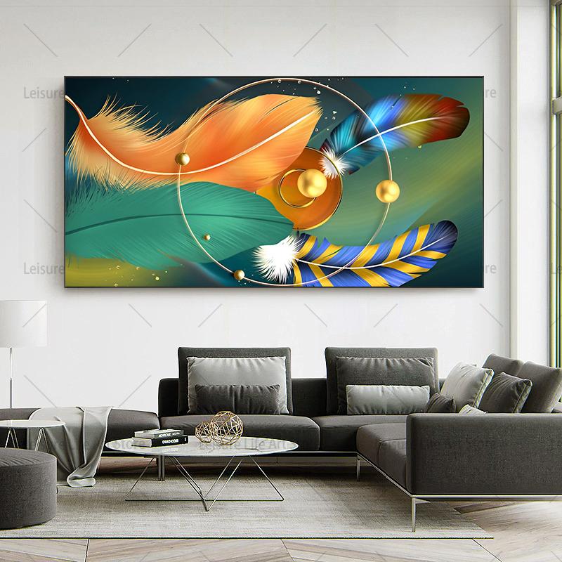 Абстрактные красочные перья, холст, живопись, настенное искусство, современное золотое перо, художественные работы, постеры и принты для декора стен гостиной