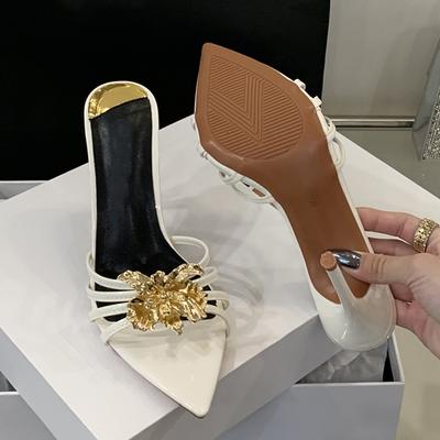 Мода Liyke Сексуальный Острый Носок Белые Высокие Каблуки Вечерние Шлепанцы Женские Металлические Цветы Дизайнерские Сандалии Банкетная Обувь Женские Мюли Слайды