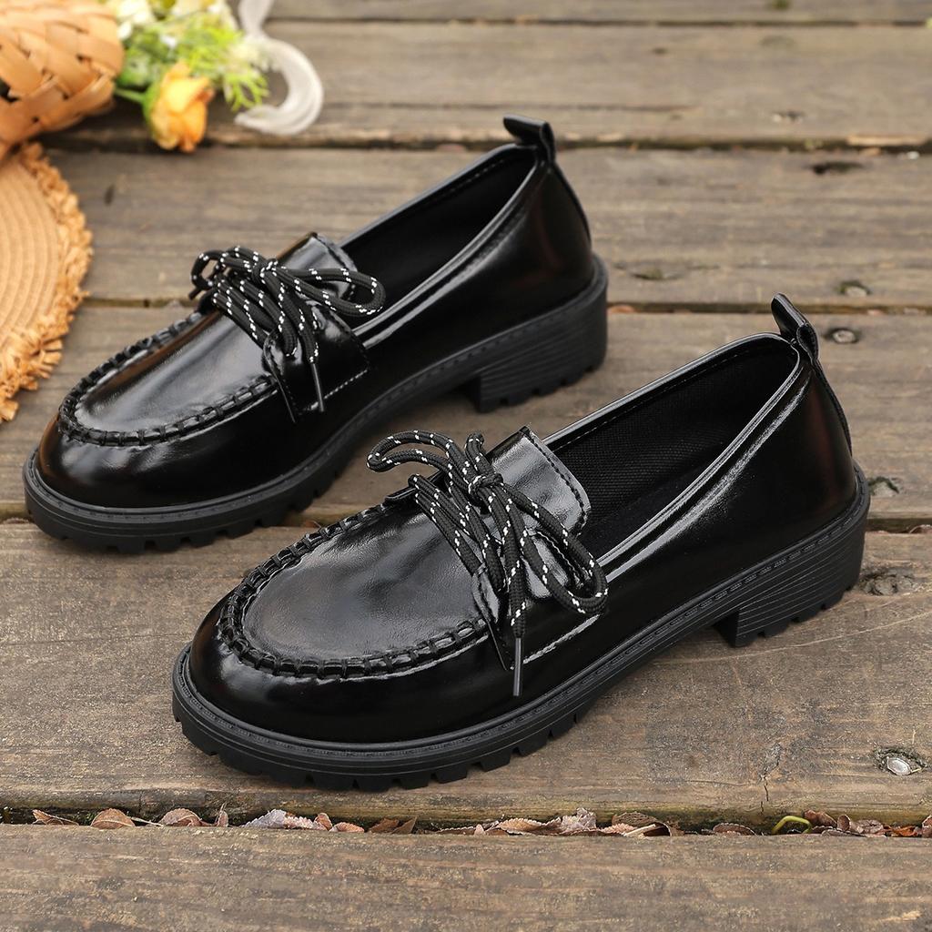 Женские модные и элегантные лоферы однотонной расцветки, декоративные туфли на шнуровке для путешествий, женская обувь в стиле колледжа с круглым носком и толстым каблуком