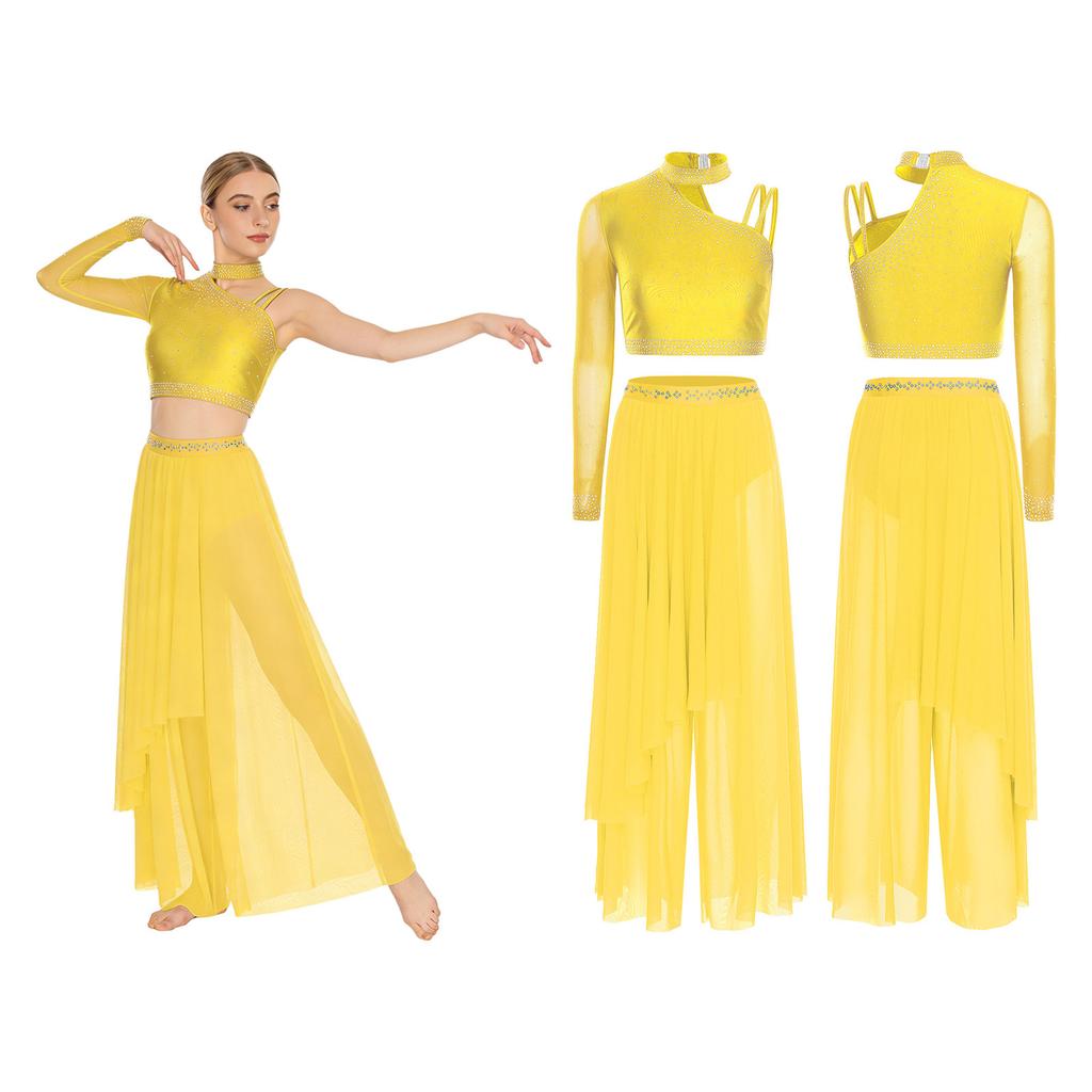 Эффектный костюм для лирического танца для женщин S-XXL: Привлекательный асимметричный дизайн со стразами и струящейся юбкой-накидкой