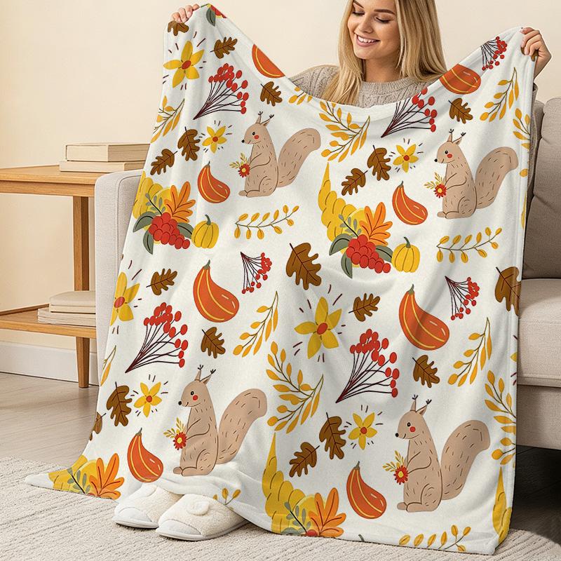 Cute Squirrel Design Flannel Fleece Throw Blanket Bound Edge, Soft Cozy Warm Sofa Cover for Home Casual Relax & Decor