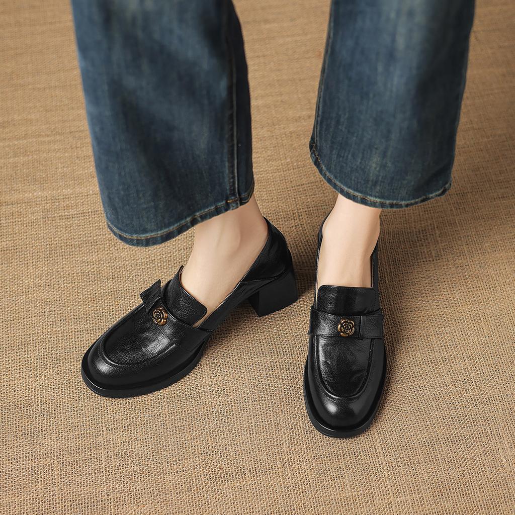 Top Layer Sheepskin Round Toe Thick Heel Loafers