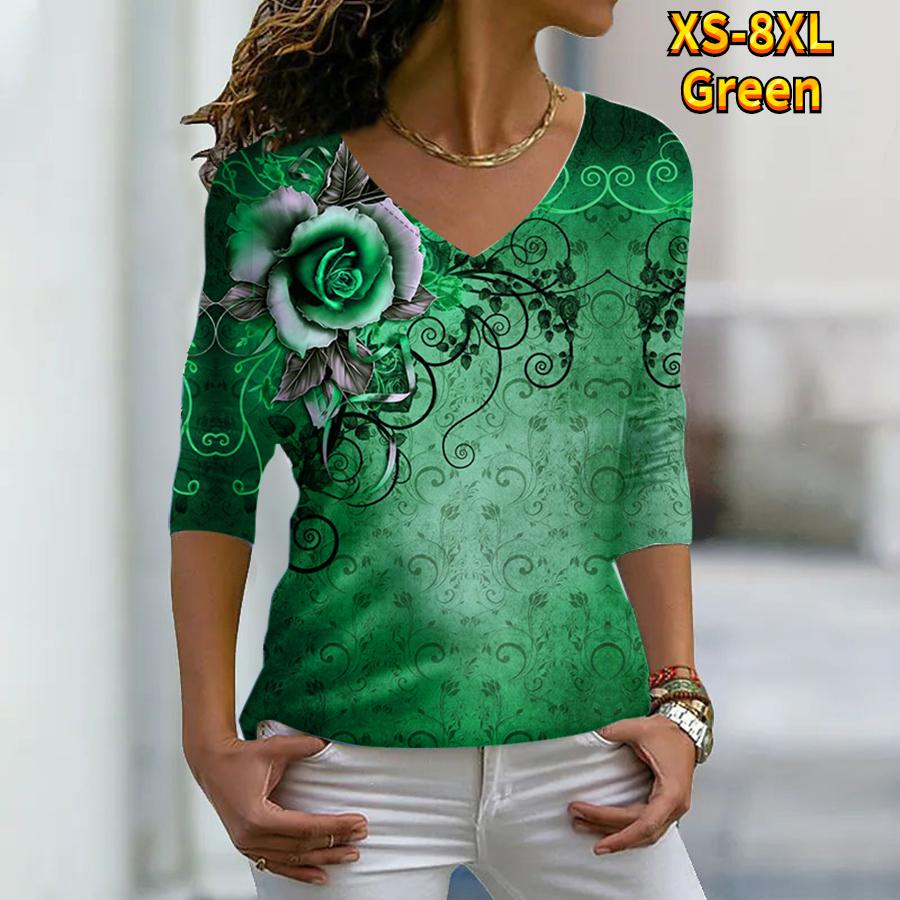 Женские осенние футболки с длинными рукавами с цветочным принтом «Роза на груди», свободные футболки с v-образным вырезом размера плюс, топы, удобная блузка