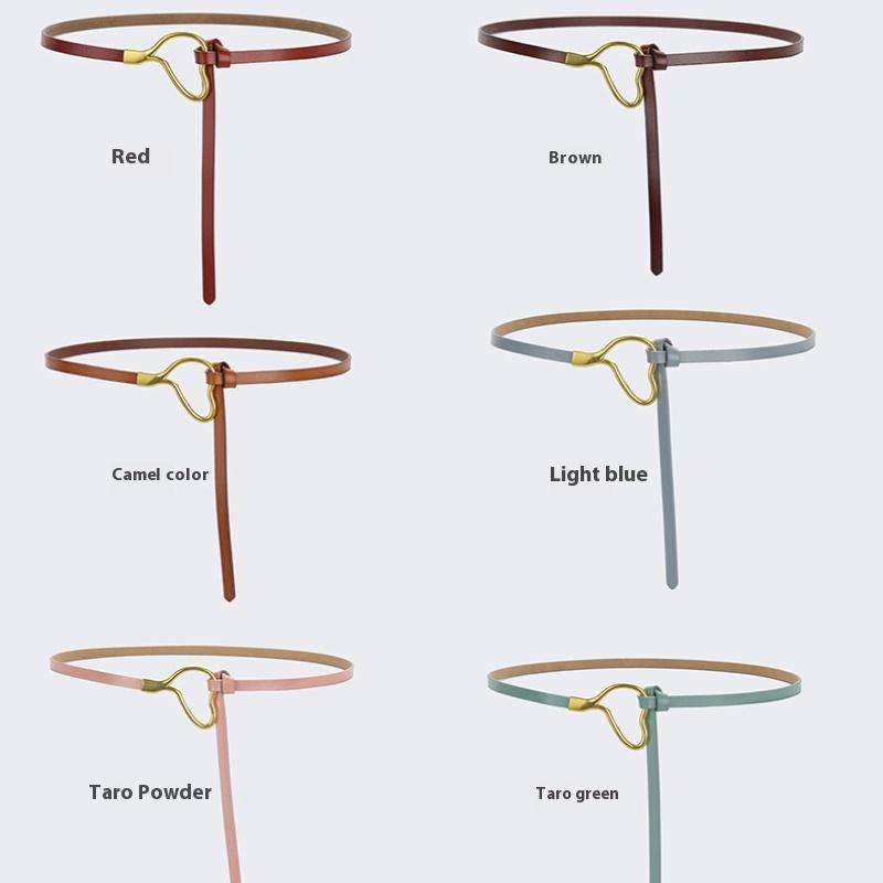 Женский кожаный ремень с узлом и украшением под рубашку, простой и универсальный тонкий ремень из чистой коровьей кожи