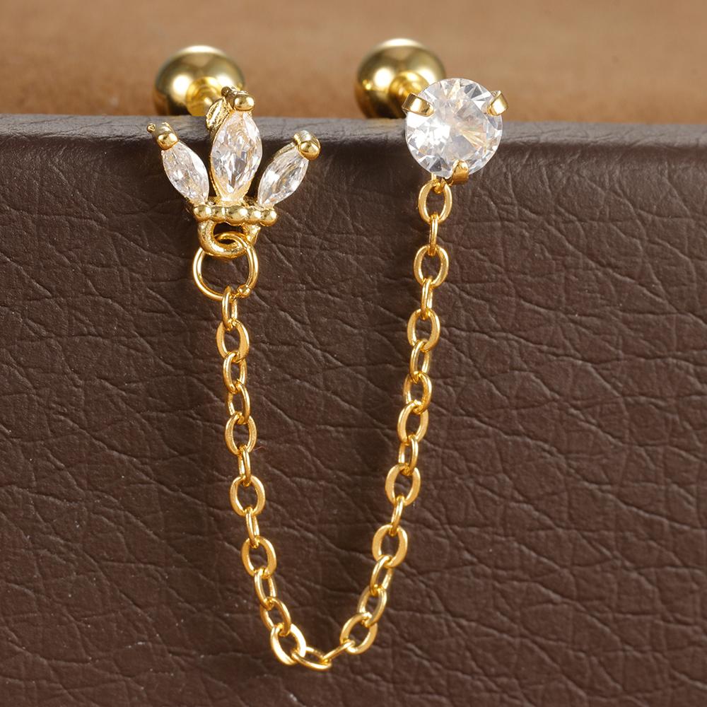 Stainless Steel Zircon Crown Stud Earrings For Women 18K Gold Plated Double Studs Chain Tassel Piercing Earring Fashion Jewelry