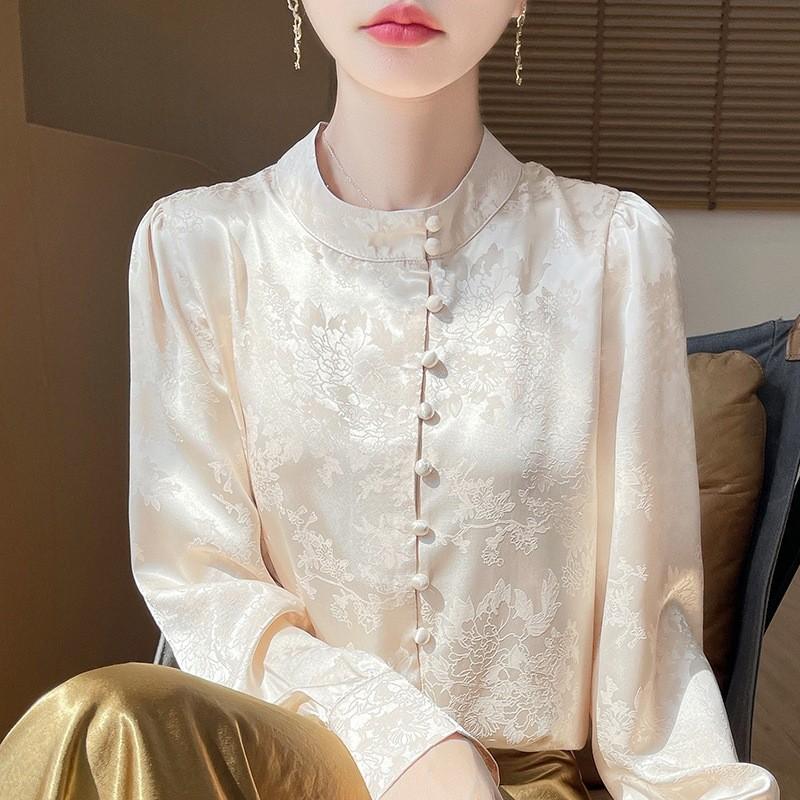 Satin Silk Blouse For Women With Stand Collar And Pockets For Office Casual Wear