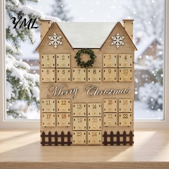 Festive Desktop Decoration Wooden House Christmas Advent Calendar, with 24 Drawers, Countdown to Calendar Gift Box, Refillable Xmas Box Drawers