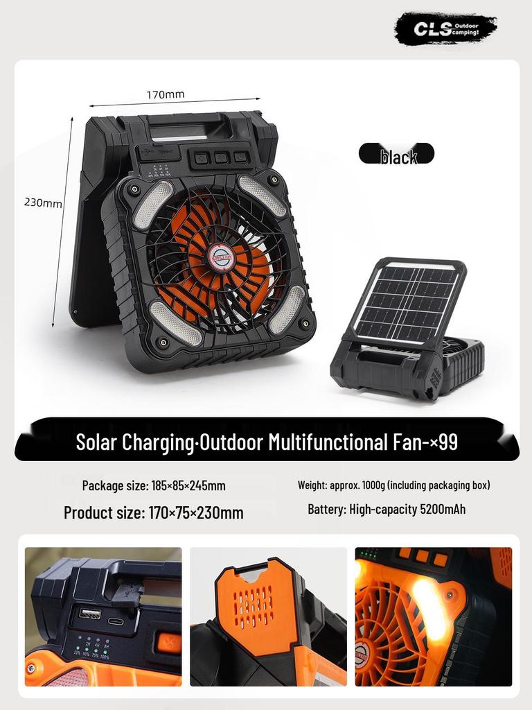 Solar-Powered Portable Camping Fan with USB Charging and LED Light