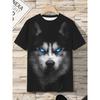 Men's Husky Wolf 3D Printed T-Shirt Casual Short Sleeve Crewneck Top Cool Glowing Blue Eyes Animal Head Graphic Tee Trendy Summer Streetwear Clothes