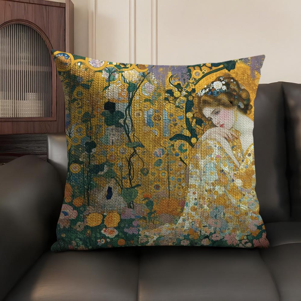GGustav Klimt Oil art Cushion Cover Natural Linen Organic Fabric DoubleSided Printing Sofa Home Decor Gift Pillow Case