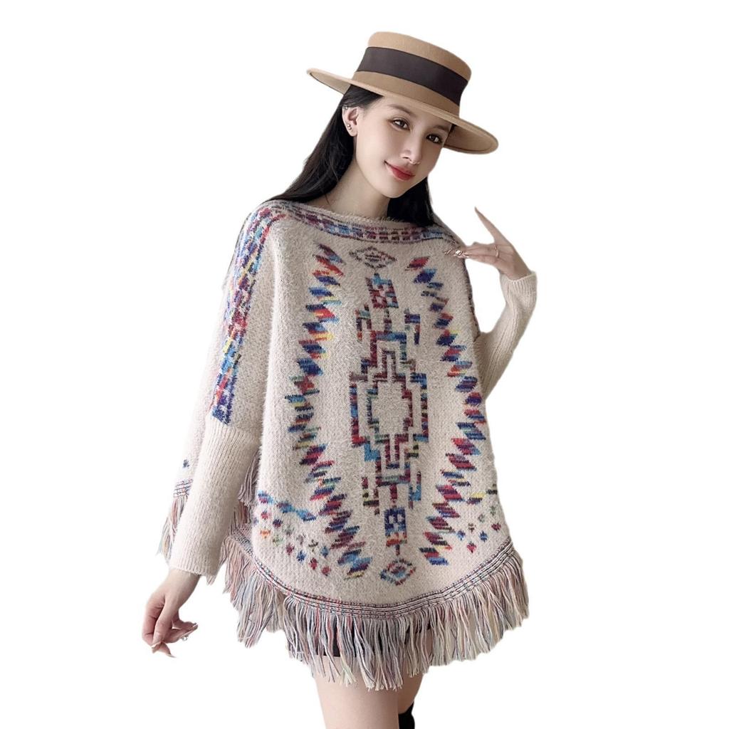 804 #Retro Ethnic Style Fringed Knitted Shawl Loose Pullover Temperament Long Sleeve Printed Sweater Cape Shawl