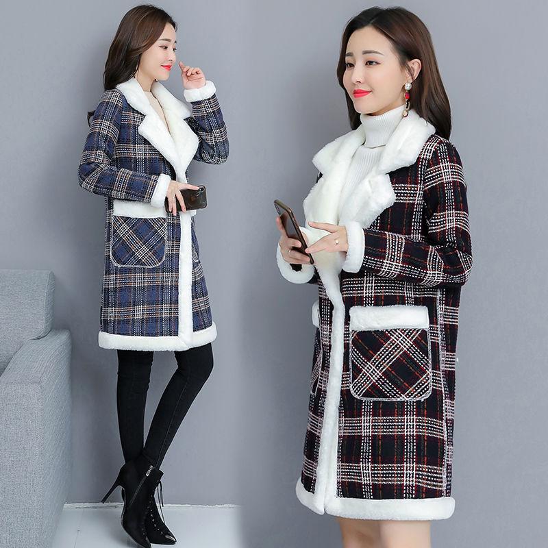 Womens Casual Fashion Coat Ladies Printed Winter Overcoats Female Midi Plush Warmer Outwear
