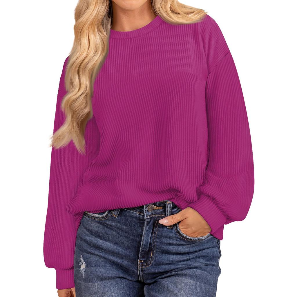 Женская мода однотонный нитка длинный рукав свободный круглый вырез пуловер топ