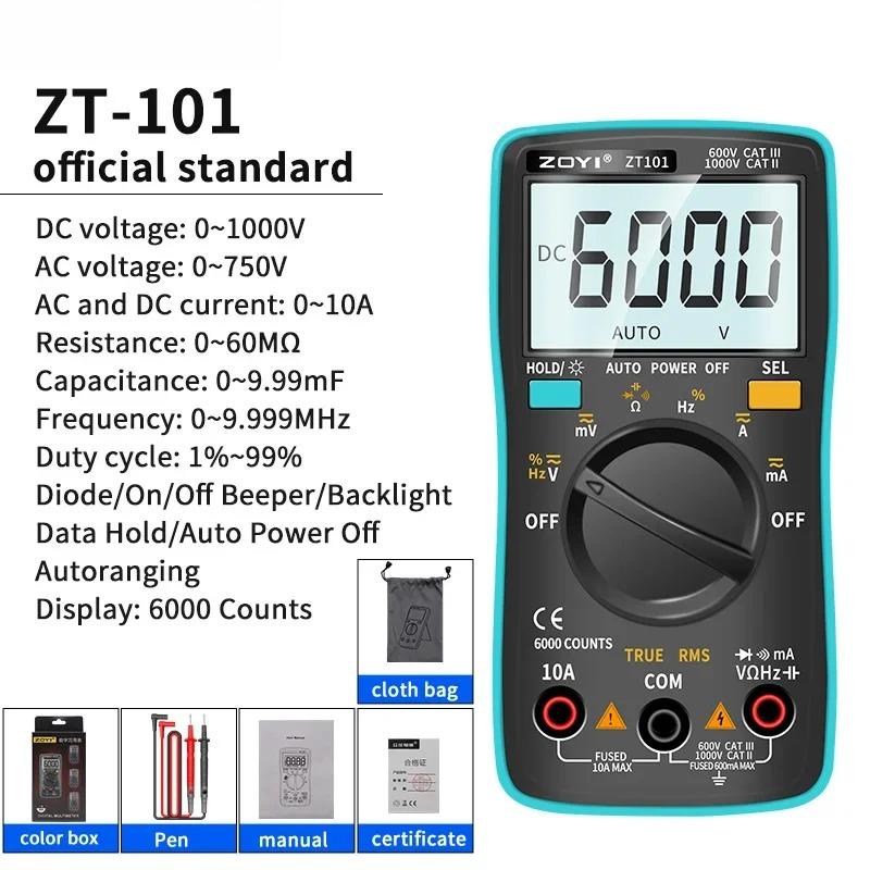 ZT101 Digital Multimeter Backlight AC/DC Ammeter 6000 Counts AC/DC Ammeter Voltmeter Ohm Portable Meter Voltage electrician Tool