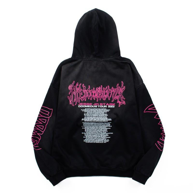Unisex Oversized Hoodie With Gothic Typography Print Washed Black Cotton Sweatshirt Streetwear Style