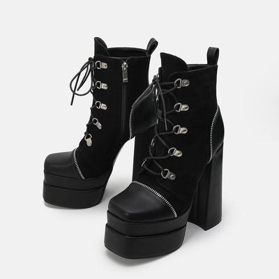 Женские ботинки на платформе со шнуровкой, туфли на массивном треугольном каблуке с квадратным носком, ботинки из искусственной кожи на каблуке, готическая панк-обувь на молнии