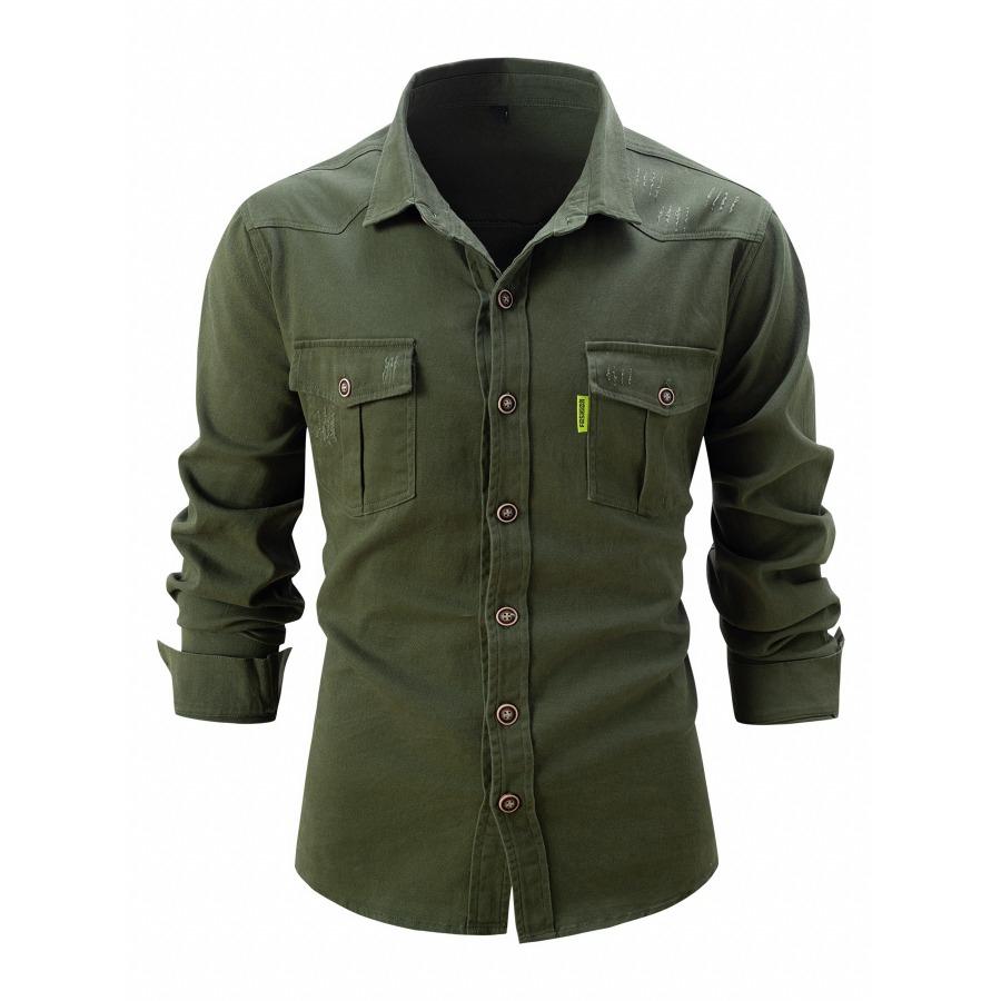 Spring Autumn Pockets Button Up Shirt Men's Washed Elastic Pure Cotton Men Long Sleeve Shirts