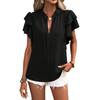 Women Casual Shirt V-neck Ruffle Short Sleeve Pullover Tops Solid Color Loose Fit Blouse