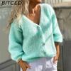 Autumn/Winter Women's Collection: Deep V-Neck Solid-Colour Button-Front Cardigan Knitwear Jacket