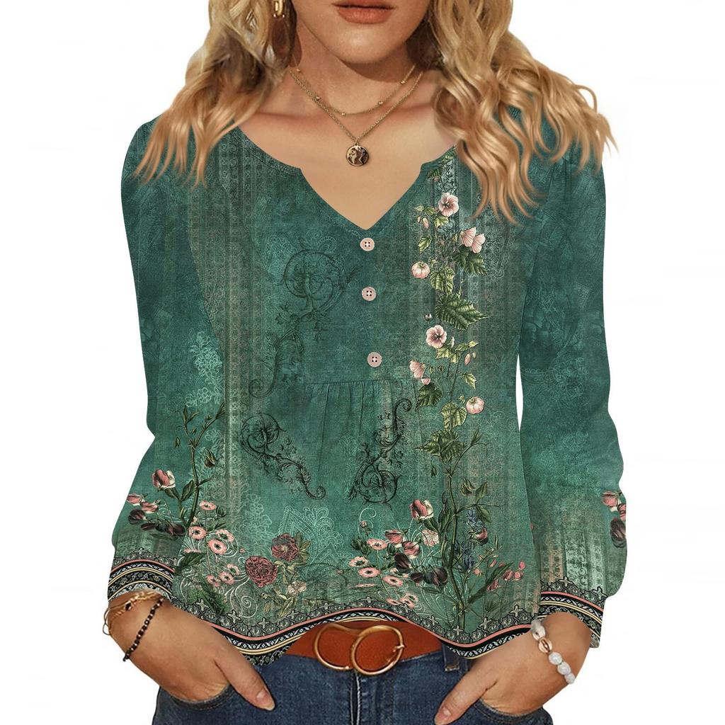 Женская модная повседневная блузка с V-образным вырезом на пуговицах, с длинным рукавом, пуловер, футболка, топ