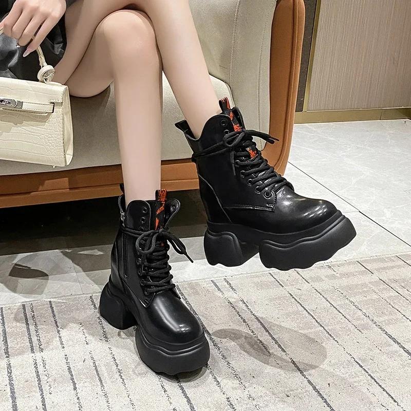 Модные женские ботильоны 11 см на платформе, кроссовки на высоком каблуке, кожаные толстые ботинки, новые осенне-зимние мотоциклетные ботинки со шнуровкой Botas Mujer