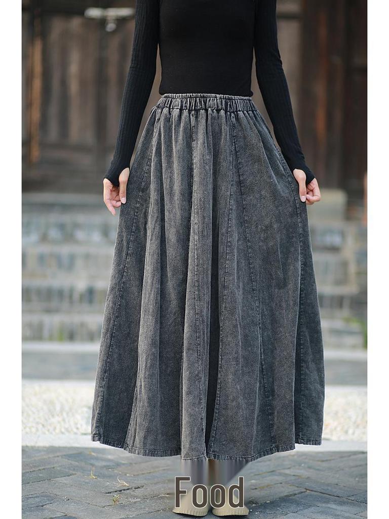 Retro Literary Burnout Cotton Linen Elastic Waist Midi Skirt - Autumn/Winter