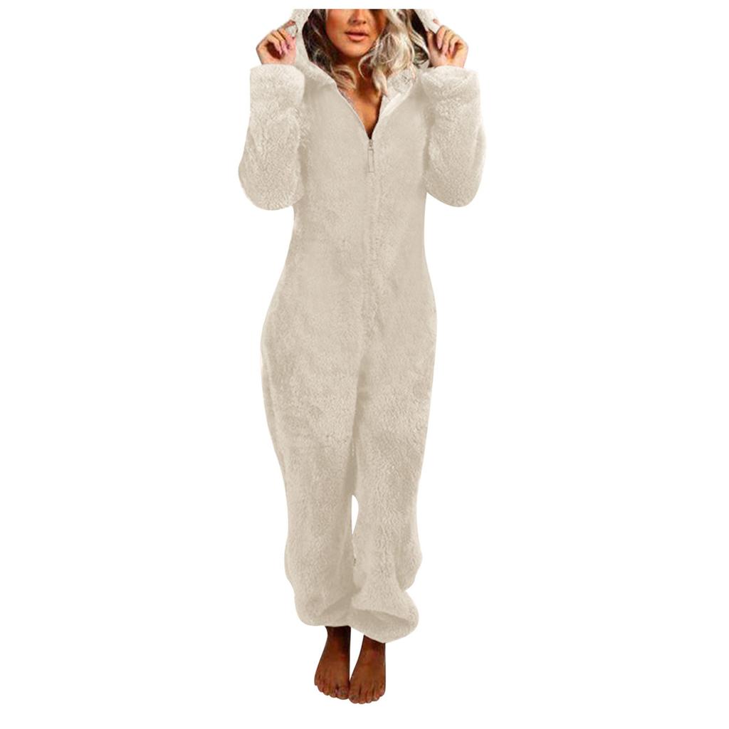 Women Long Sleeve Hooded Jumpsuit Pajamas Casual Winter Warm Rompe Sleepwear