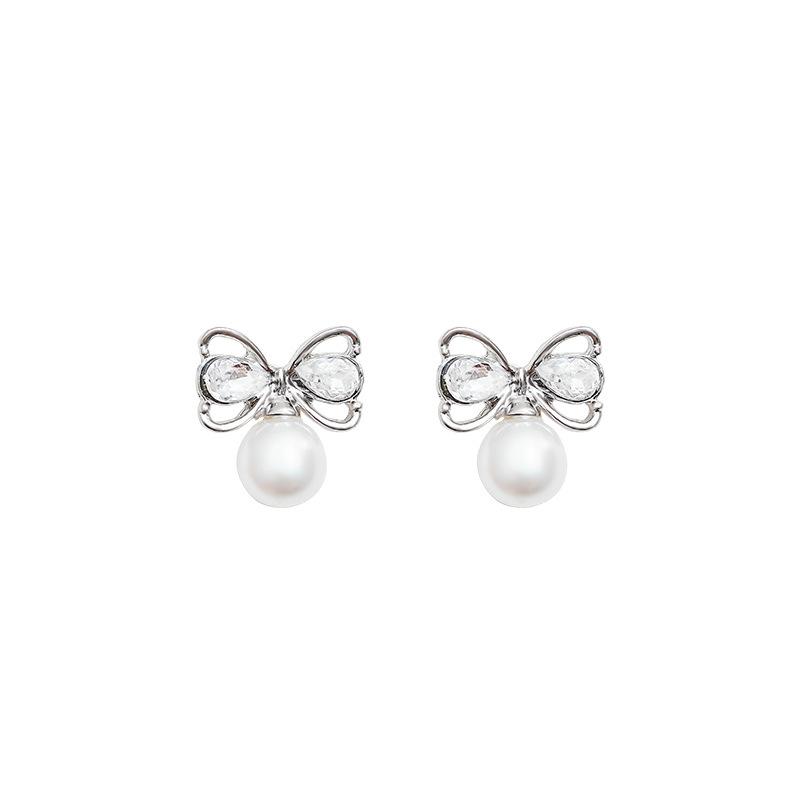Серебряная игла серьги-гвоздики с жемчугом бант женские легкая роскошь нишевый темперамент блестящие бриллиантовые серьги в стиле виндер сладкие серьги с индивидуальностью
