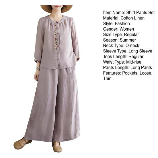 2 шт./комплект женский повседневный наряд круглый вырез рукава 3/4 вышитый цветочный узор рубашка широкие длинные брюки комплект повседневная одежда
