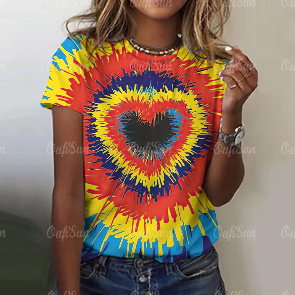 2024 Топ Женская футболка с принтом в виде сердца для женщин Футболки больших размеров с 3D-графикой Женская одежда Летняя блузка с коротким рукавом 5XL