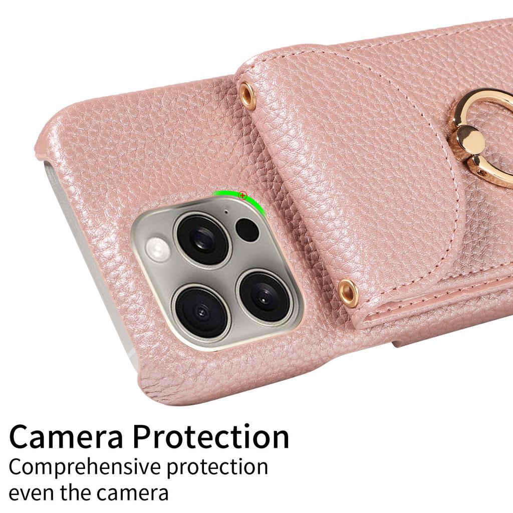 Litchi Texture Wallet Case for iPhone 16 Pro Max/15 Plus, Rugged Shockproof Cover with Card Holder & Ring Kickstand, Heavy Duty Protective Case