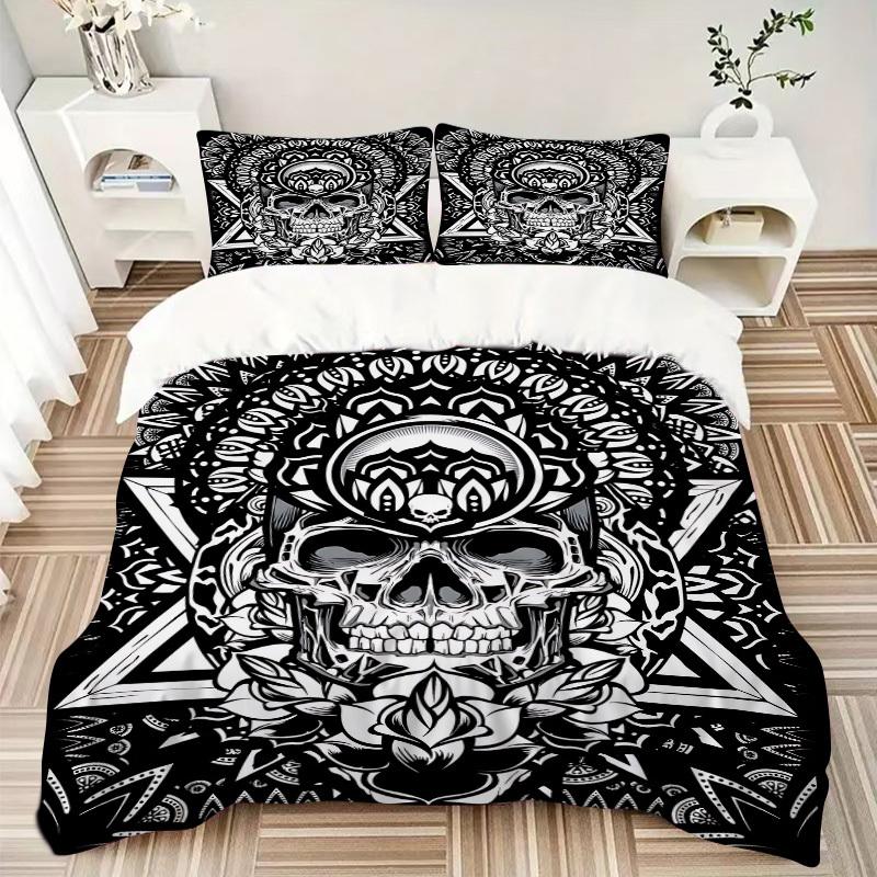 3pcs Skull Mandala Art Duvet Cover Set, Cover For Bedroom Guest Room (1 Duvet Cover + 2 Pillowcase, Without Quilt), yy250922146