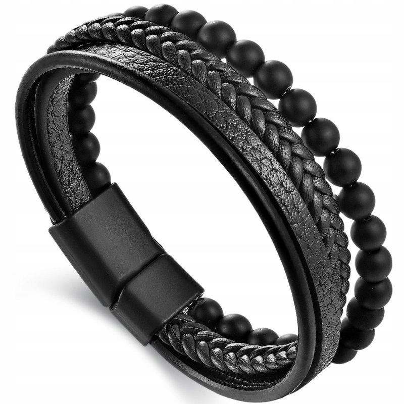 Men' Braided Leather Bracelet Titanium Premium Wristband Gift