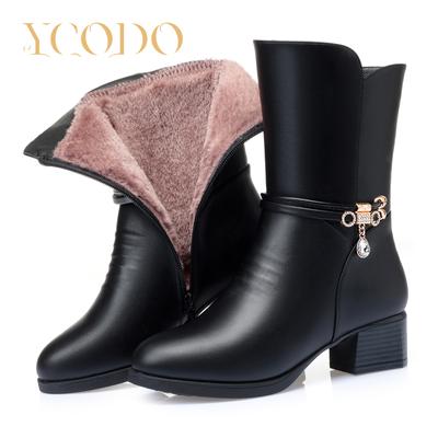 Женские зимние модные кожаные ботинки на нескользящей плюшевой подкладке на высоком каблуке
