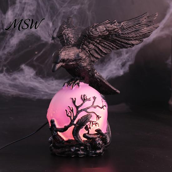 Gothic Halloween Crow Light Lamp, with Purple Ball, Resin Night Light, Realistic Sculpture USB Powered Dark Style Statue for Bedroom Living