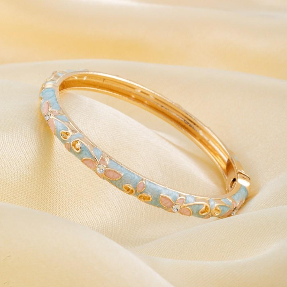Lightweight Metal Cloisonne Floral Bangle Rhinestone Thin Bracelet  Holiday Presents