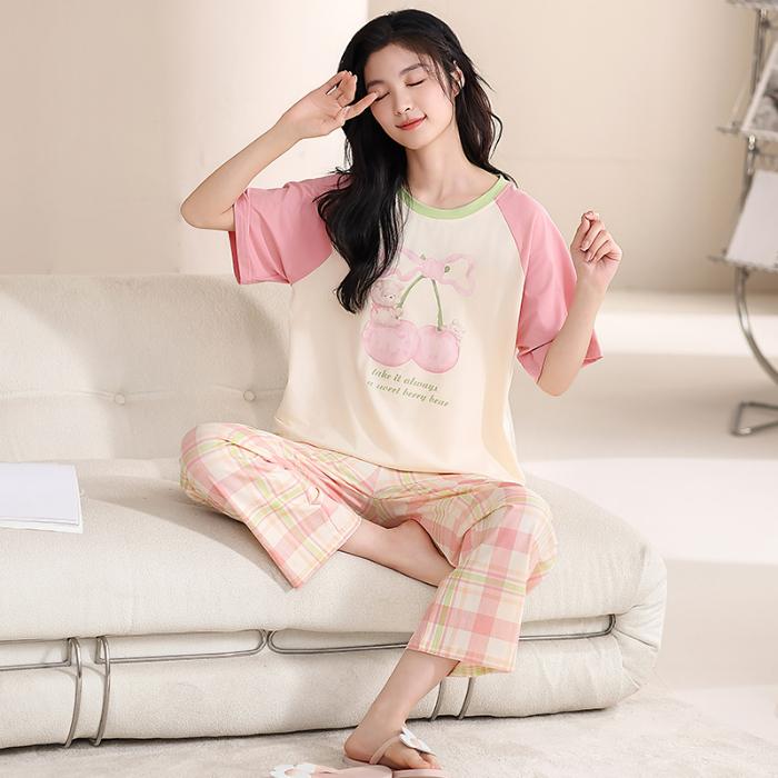 2025 Spring Summer Cotton Pajamas Set for Women Cute Cartoon Print Short Sleeve Tops and Pants Sleepwear Female Casual Loose Pink Pyjamas Homewear